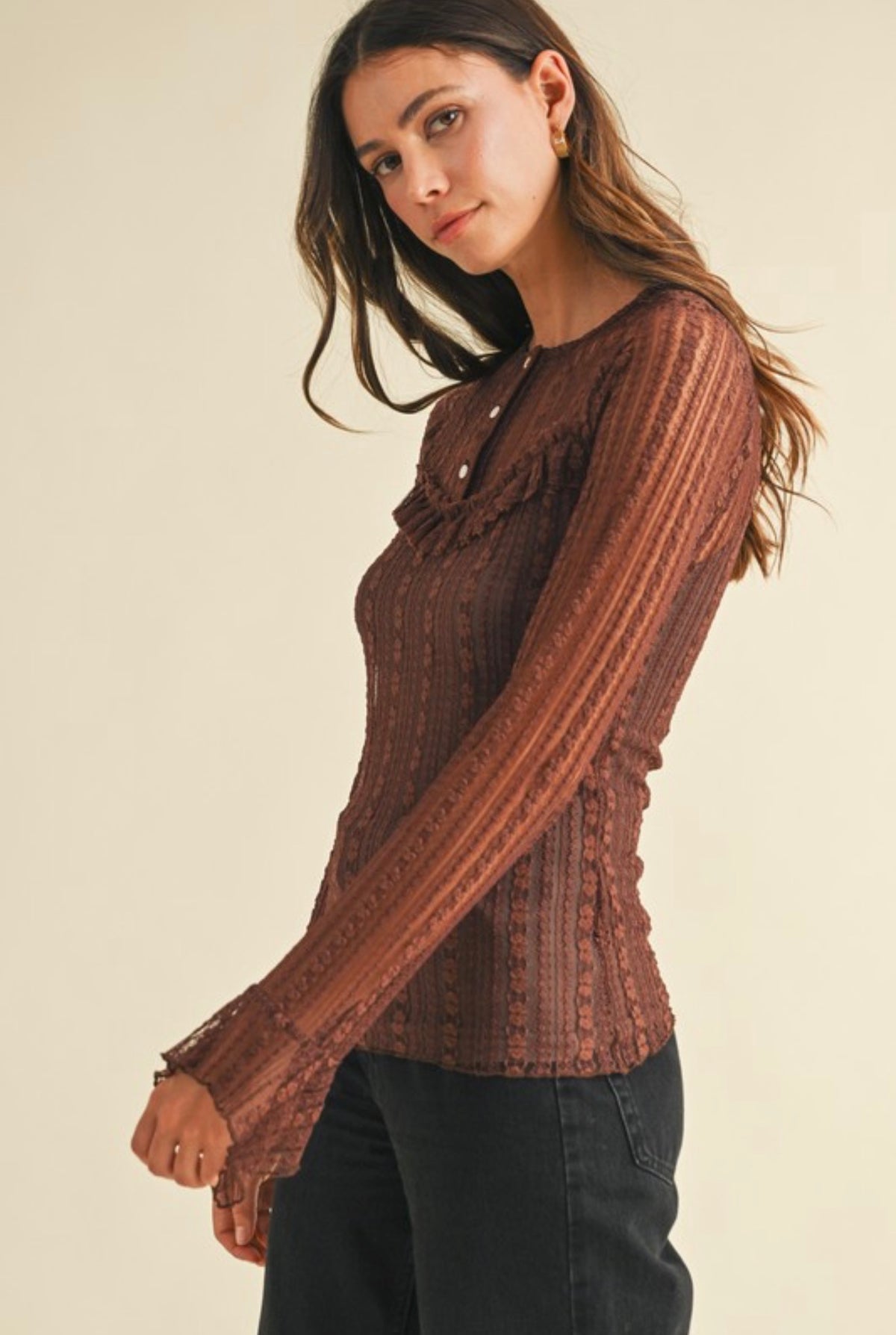Stretch Lace Mocha Henley Long Sleeve