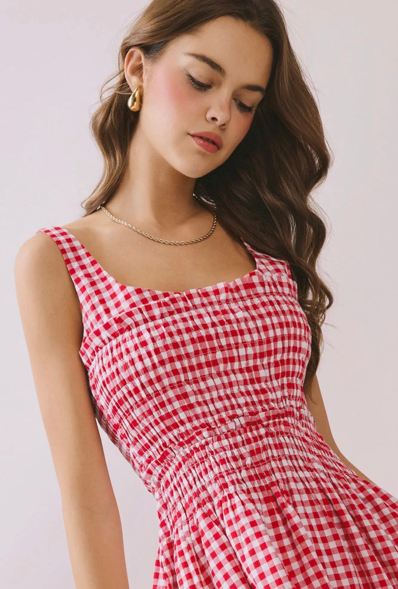 Smocked Red Gingham Midi Dress