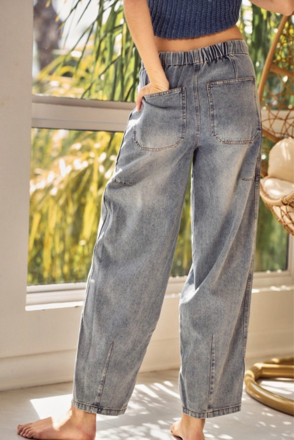 Washed Denim Barrel Pants