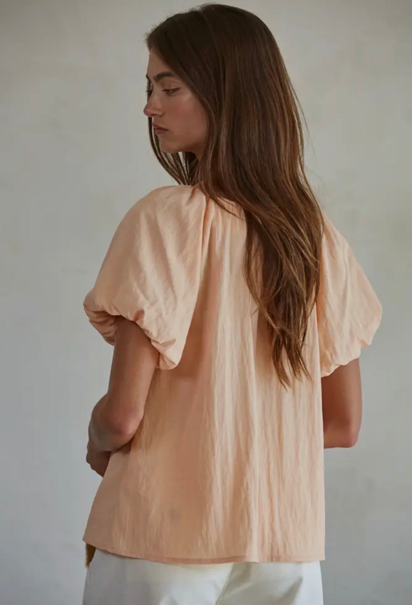 Peach Balloon Sleeve Button Top