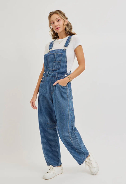 Denim Stripe Barrel Overalls