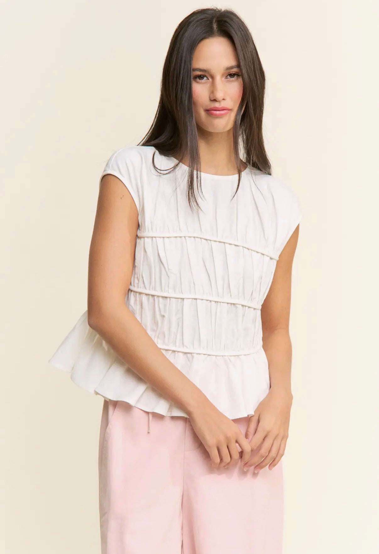 Ruched Cap Sleeve Peplum Top