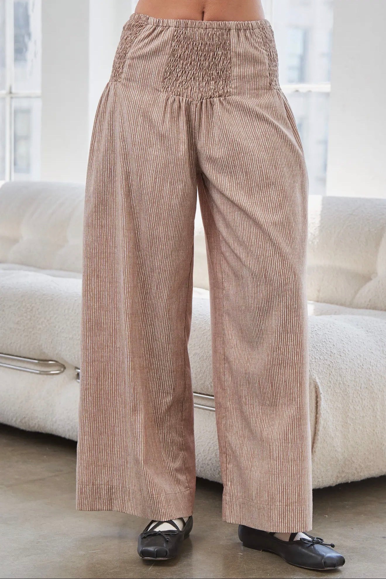 Smocked Waist Stripe Brown Pants