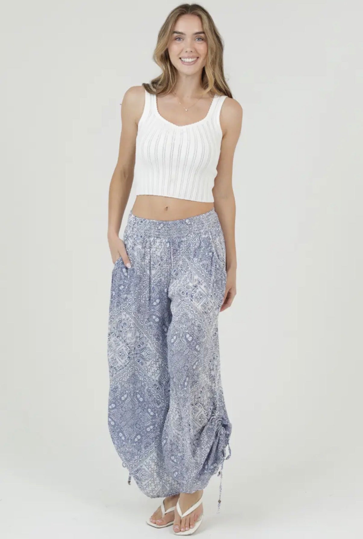 Cinch Side Blue Patterned Pants