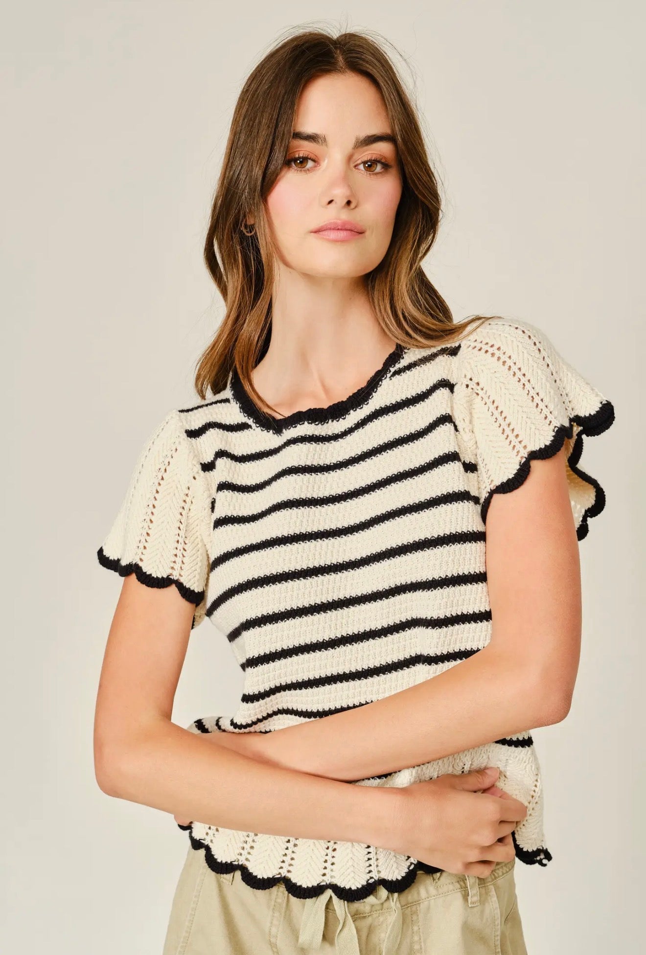Striped Crochet Short Sleeve Sweater
