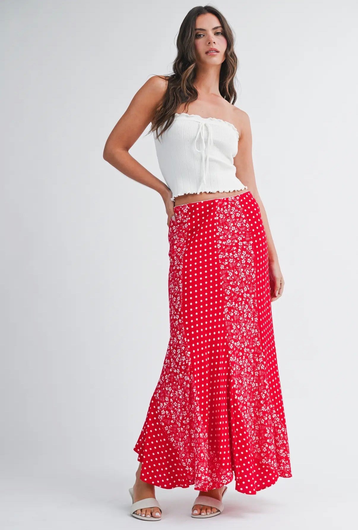 Red Polka Dot Floral Maxi Skirt