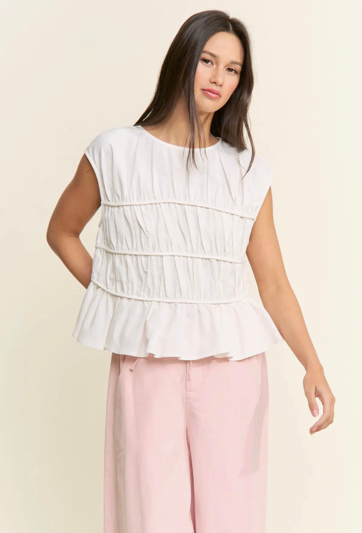 Ruched Cap Sleeve Peplum Top