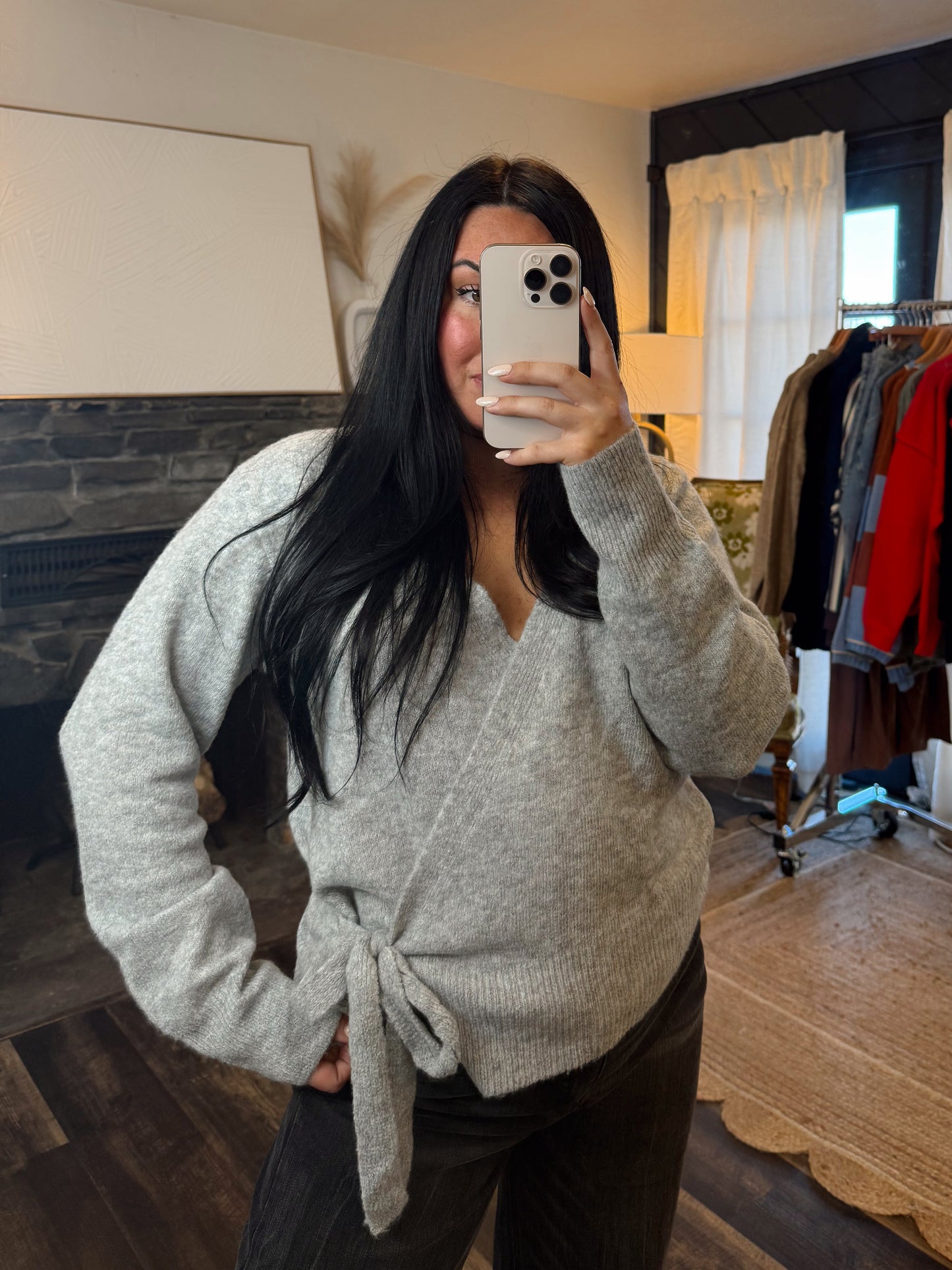 Grey Soft Knit Wrap Sweater