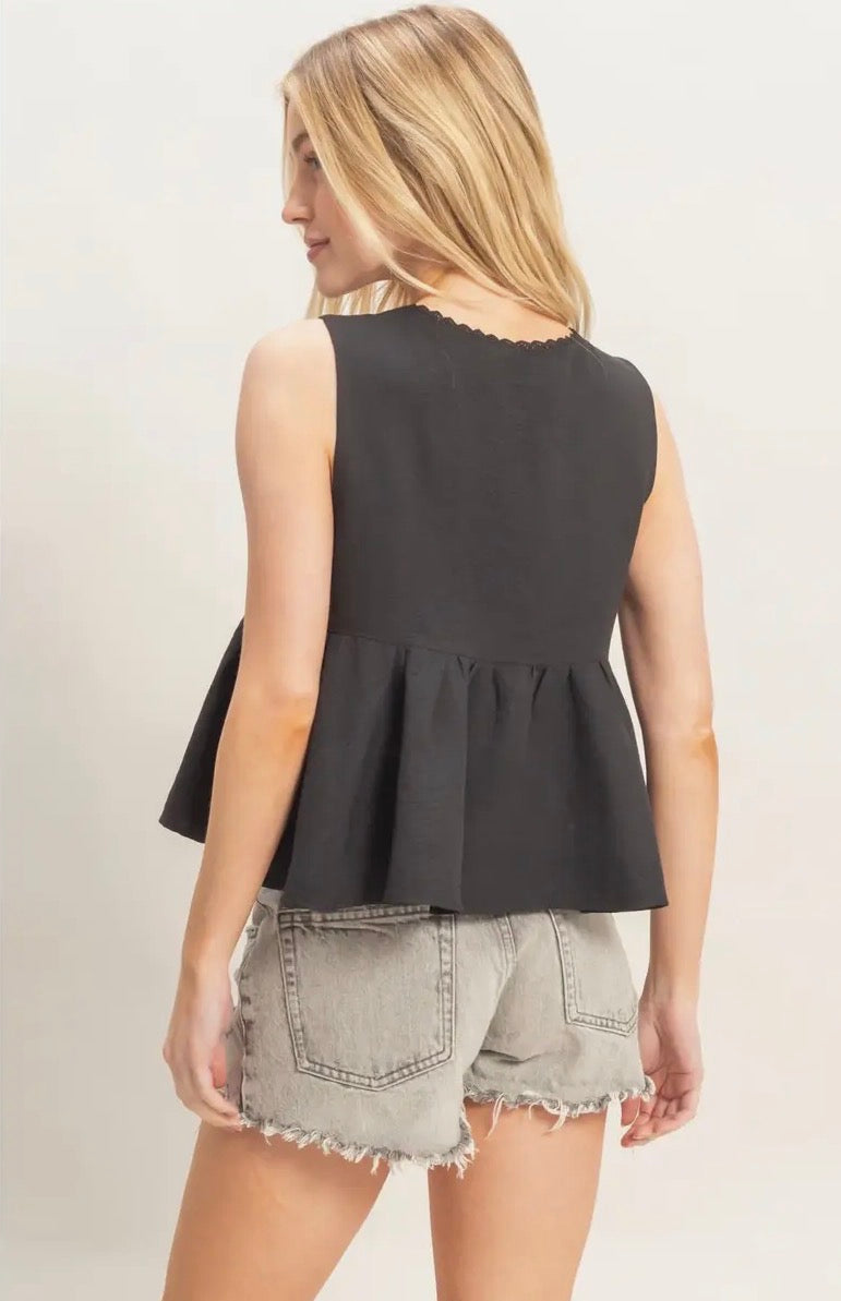 Black Lace Trim Tie Top