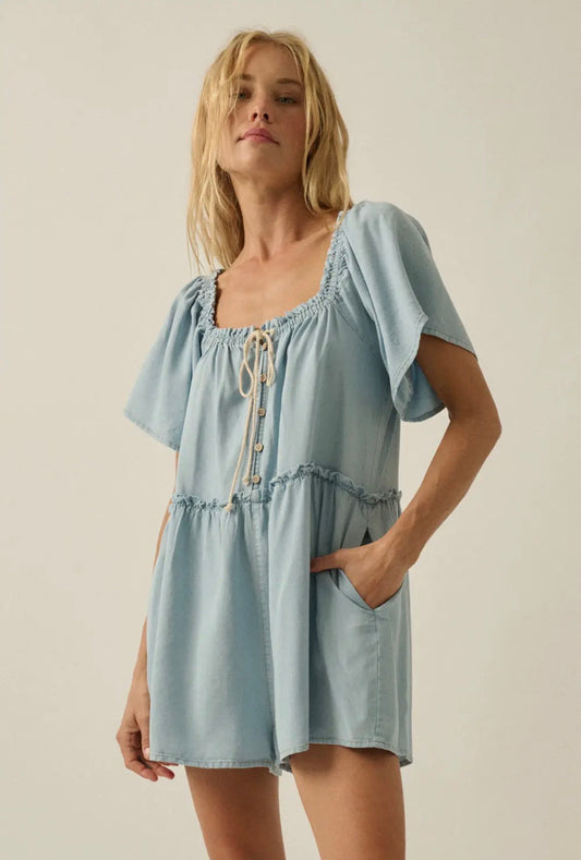 Denim Half Button Flowy Romper
