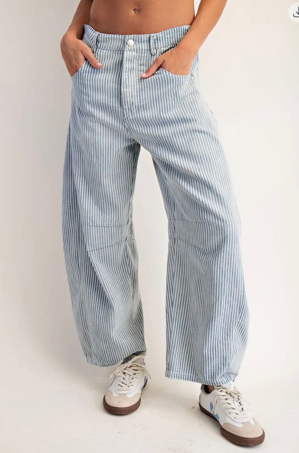 Mineral Washed Pinstriped Barrel Jeans