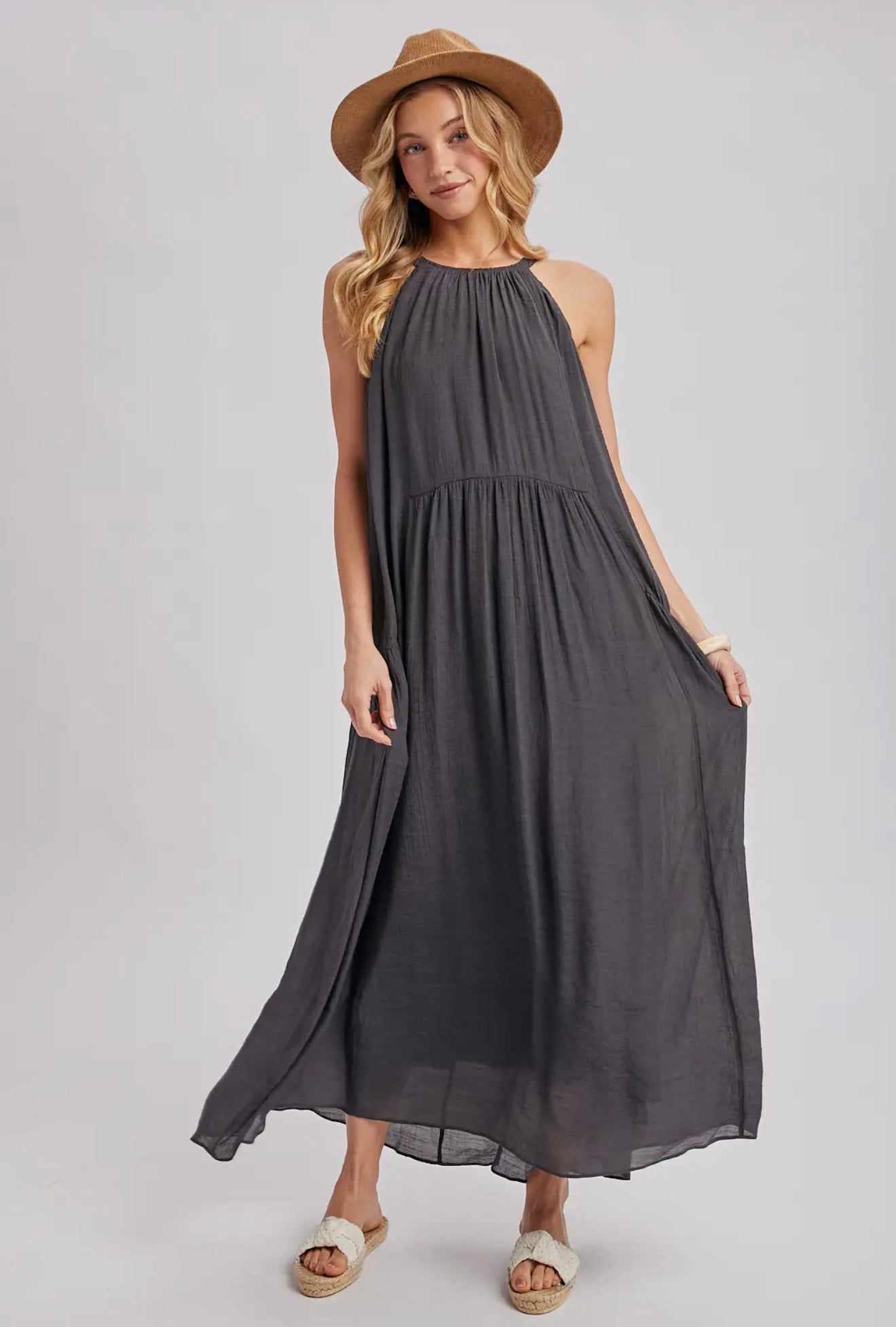 Gathered Halter Charcoal Maxi Dress