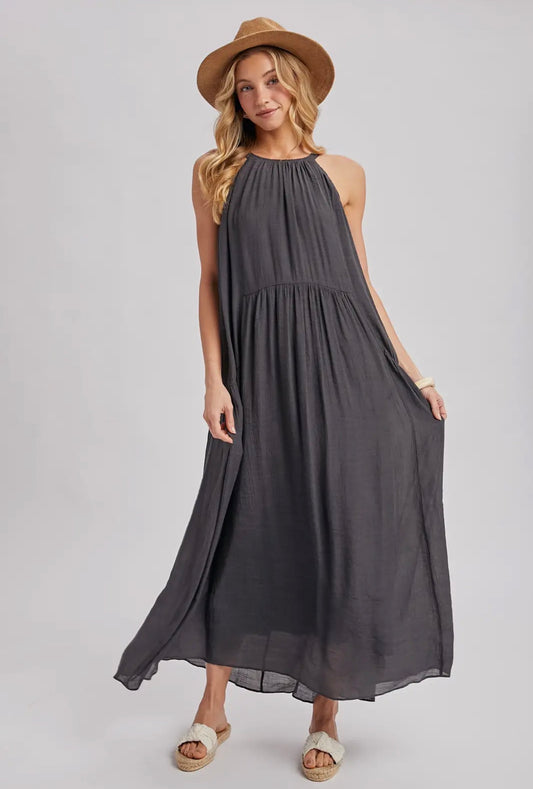 Gathered Halter Charcoal Maxi Dress