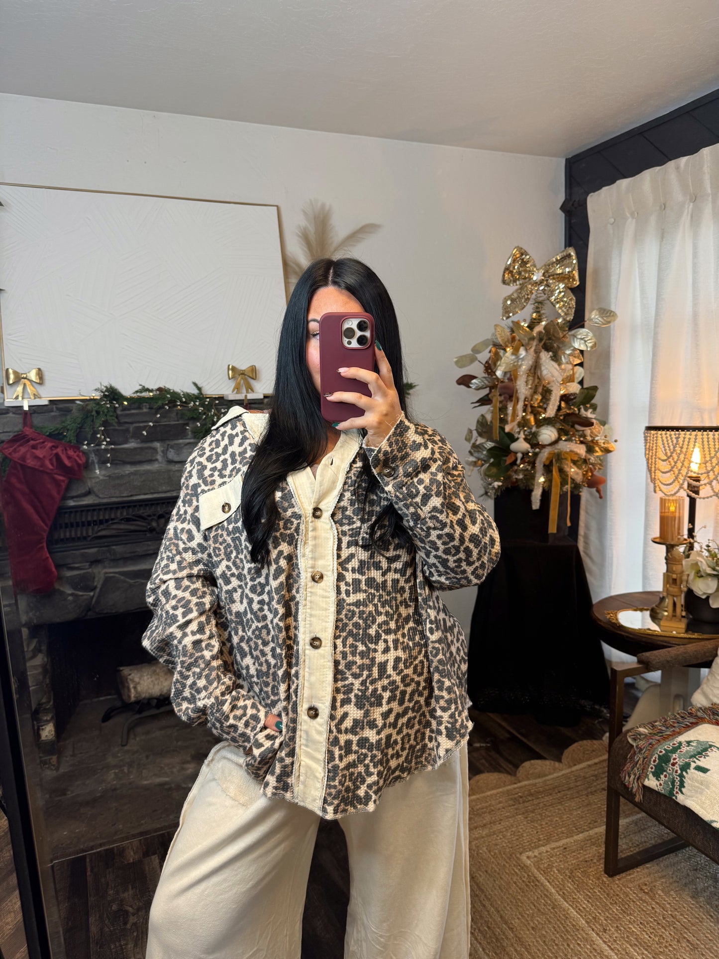 Leopard Print Waffle Thermal Button Up