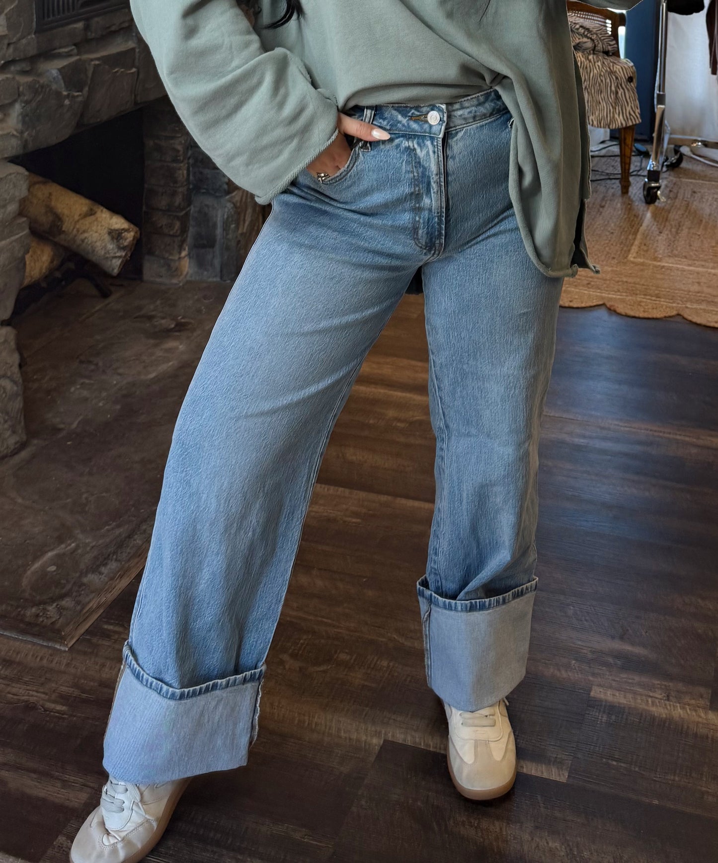 Cuffed High Rise Wide Leg Denim