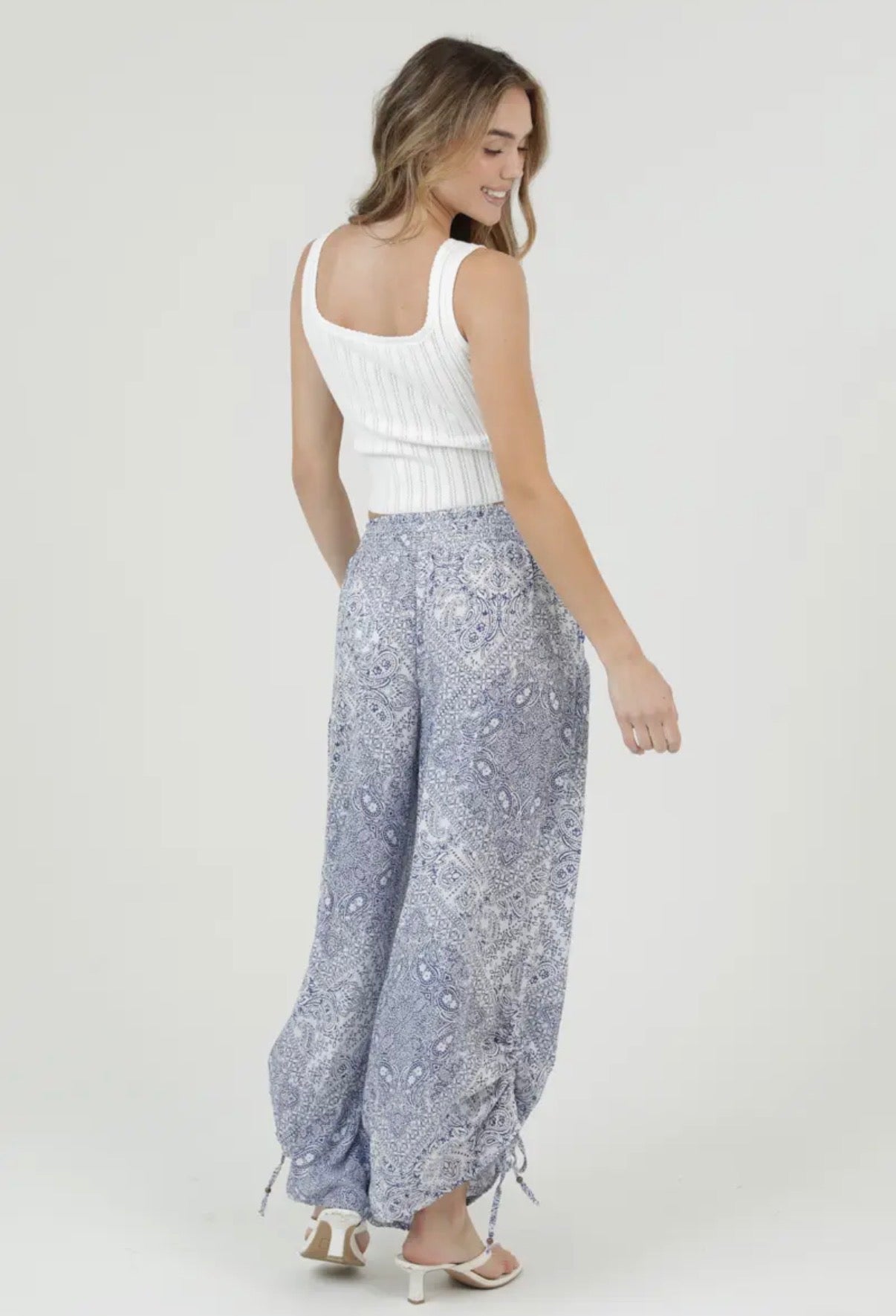 Cinch Side Blue Patterned Pants