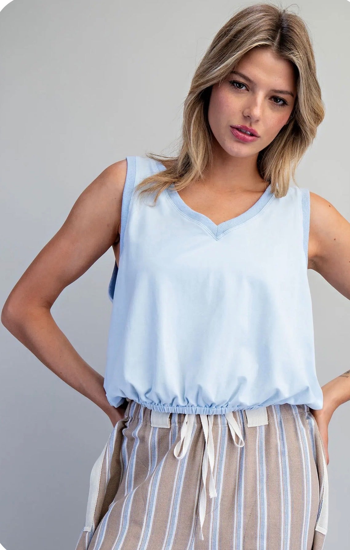 Mineral Washed V-Neck Elastic Hem Top
