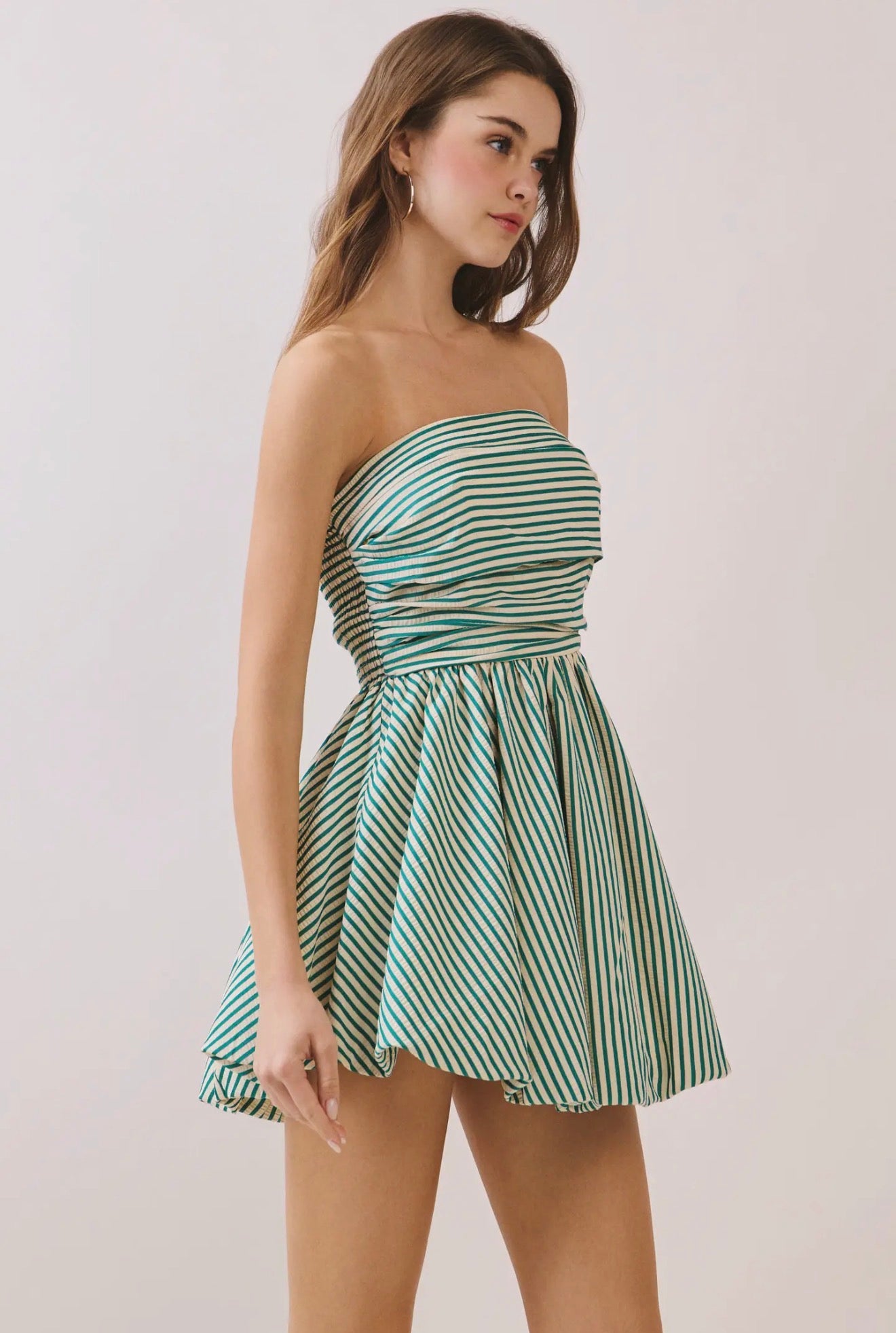Green Striped Strapless Mini Dress
