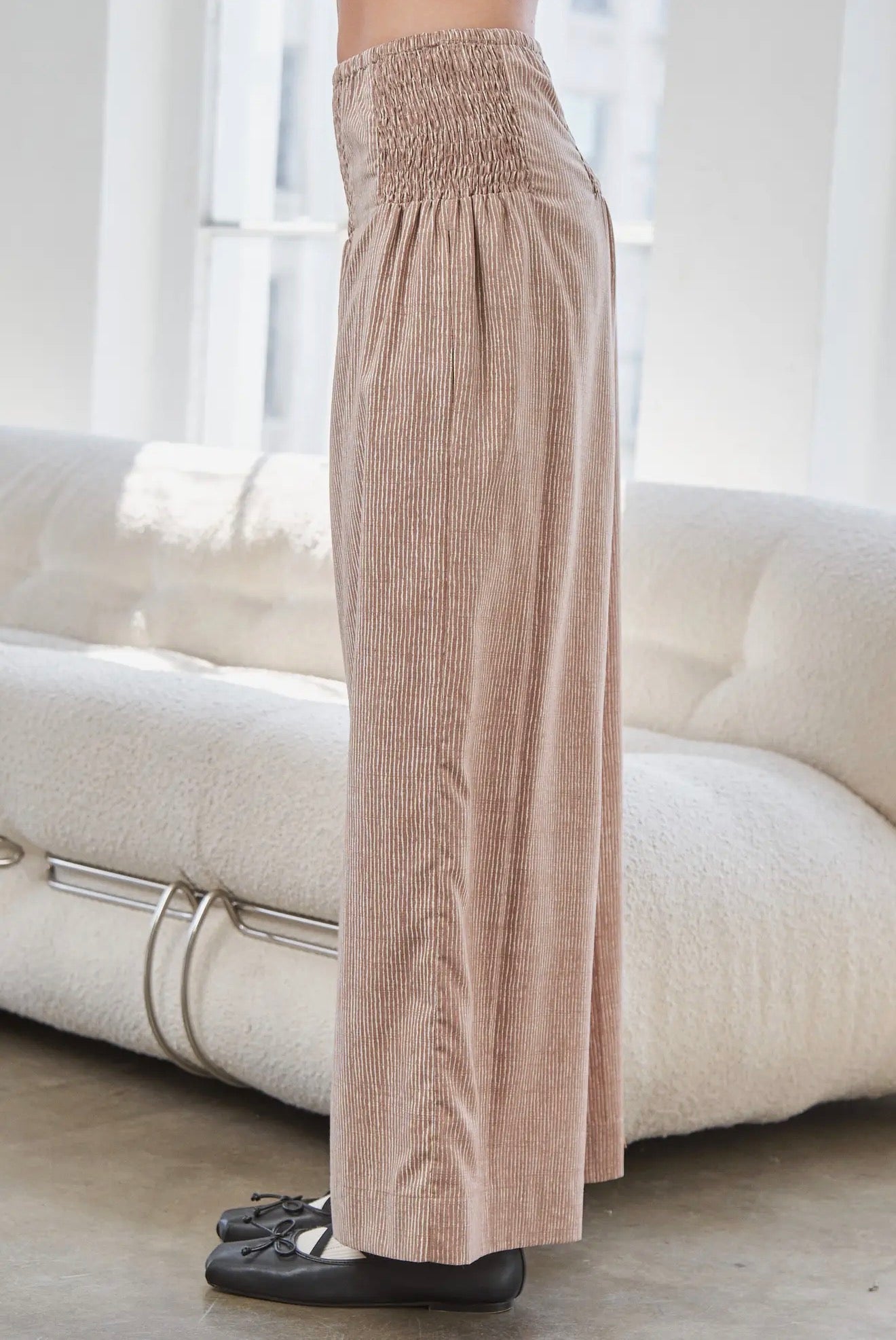 Smocked Waist Stripe Brown Pants
