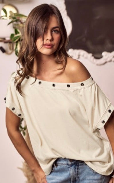 Black Metal Eyelet Off The Shoulder Tee Shirt