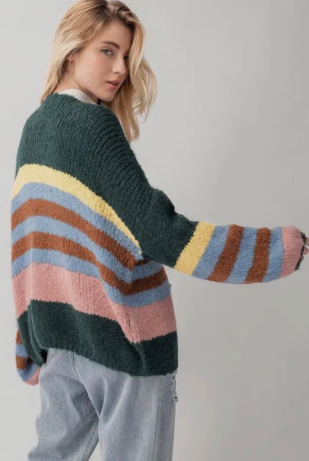 Multi Striped Oversized Puff
Sleeve Cardigan