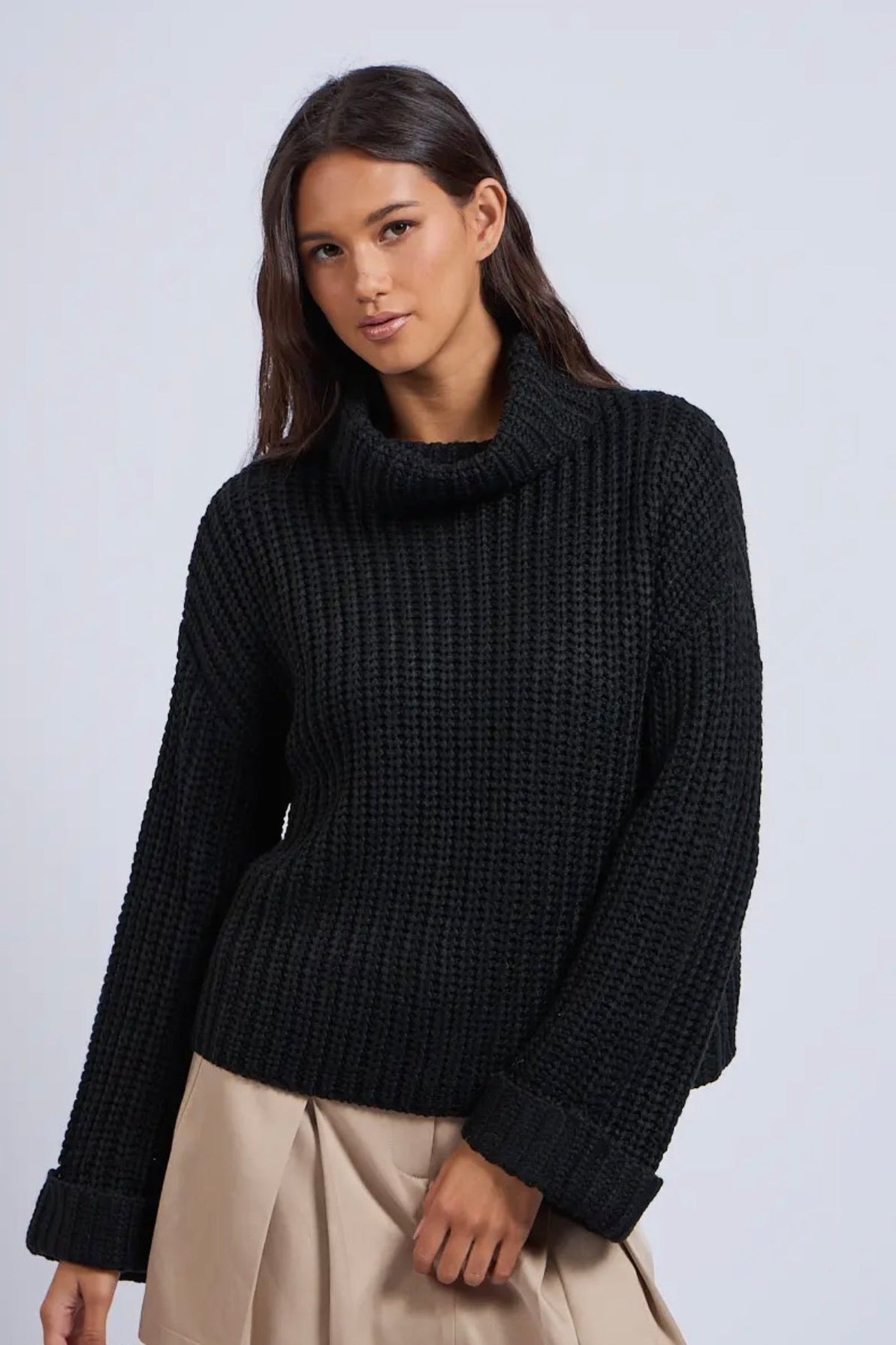 Black Turtle Neck Cable Knit Sweater