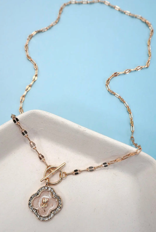 Rhinestone Rose Pearl Toggle Necklace