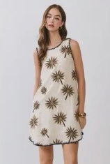 Palm Embroidered Shift Mini Dress