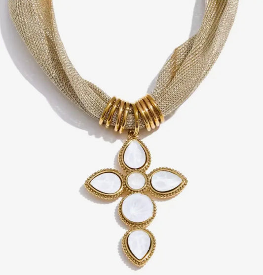 Cross Charm Mesh Necklace White