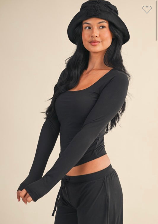 Black Square Neck Long Sleeve Top