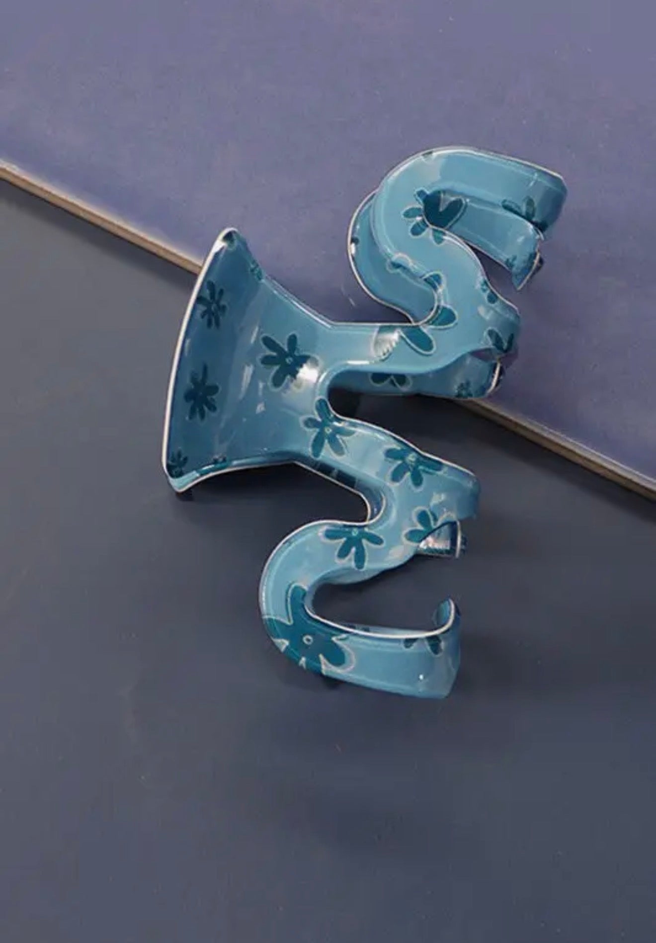 Blue Floral Wavy Claw Clip
