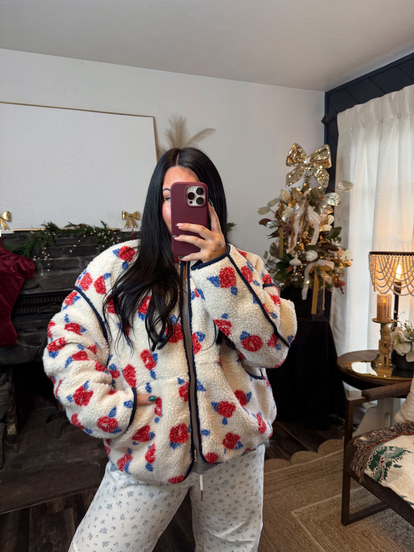 Oversized Floral Printed Sherpa Jacket