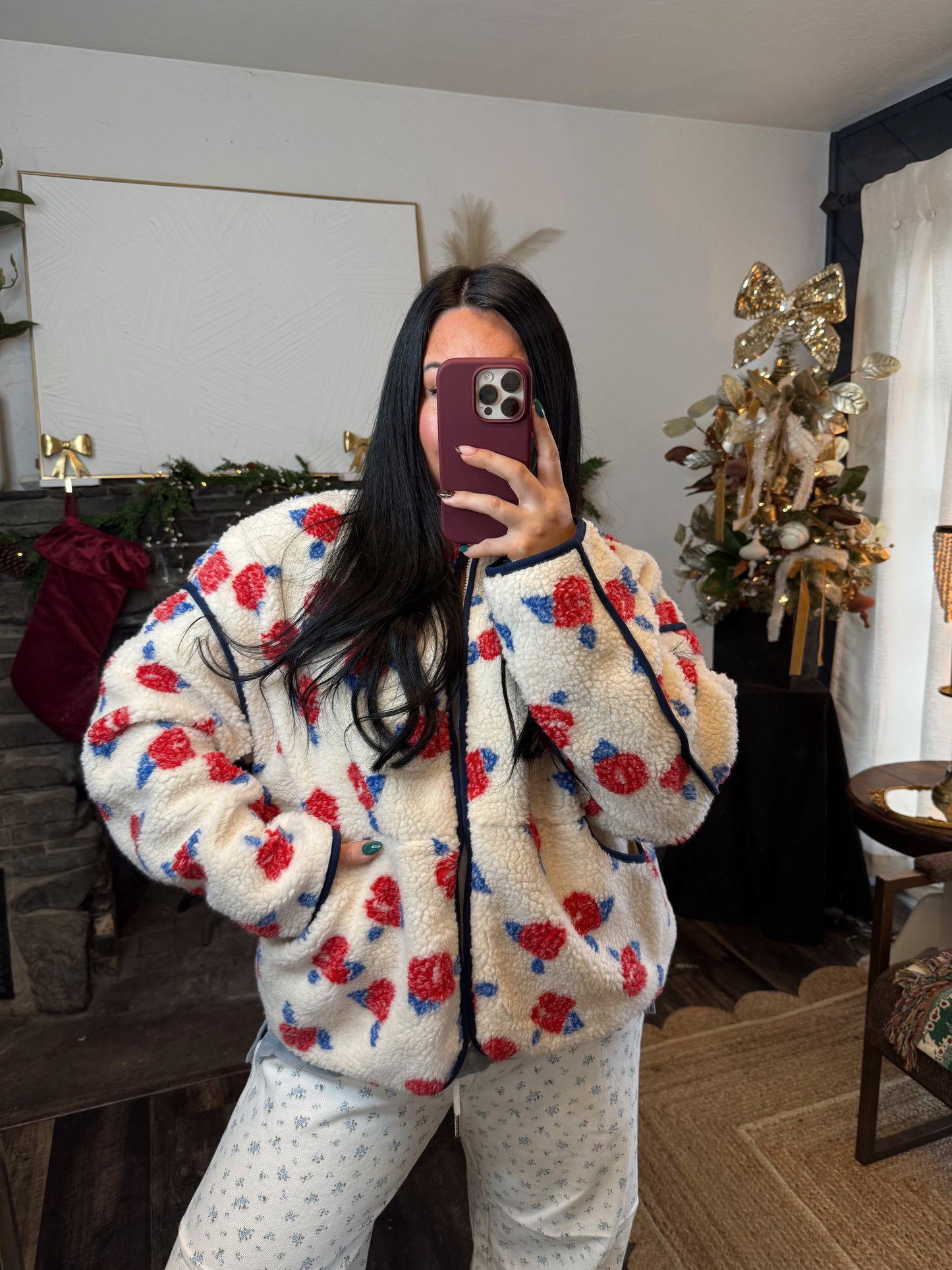 Oversized Floral Printed Sherpa Jacket
