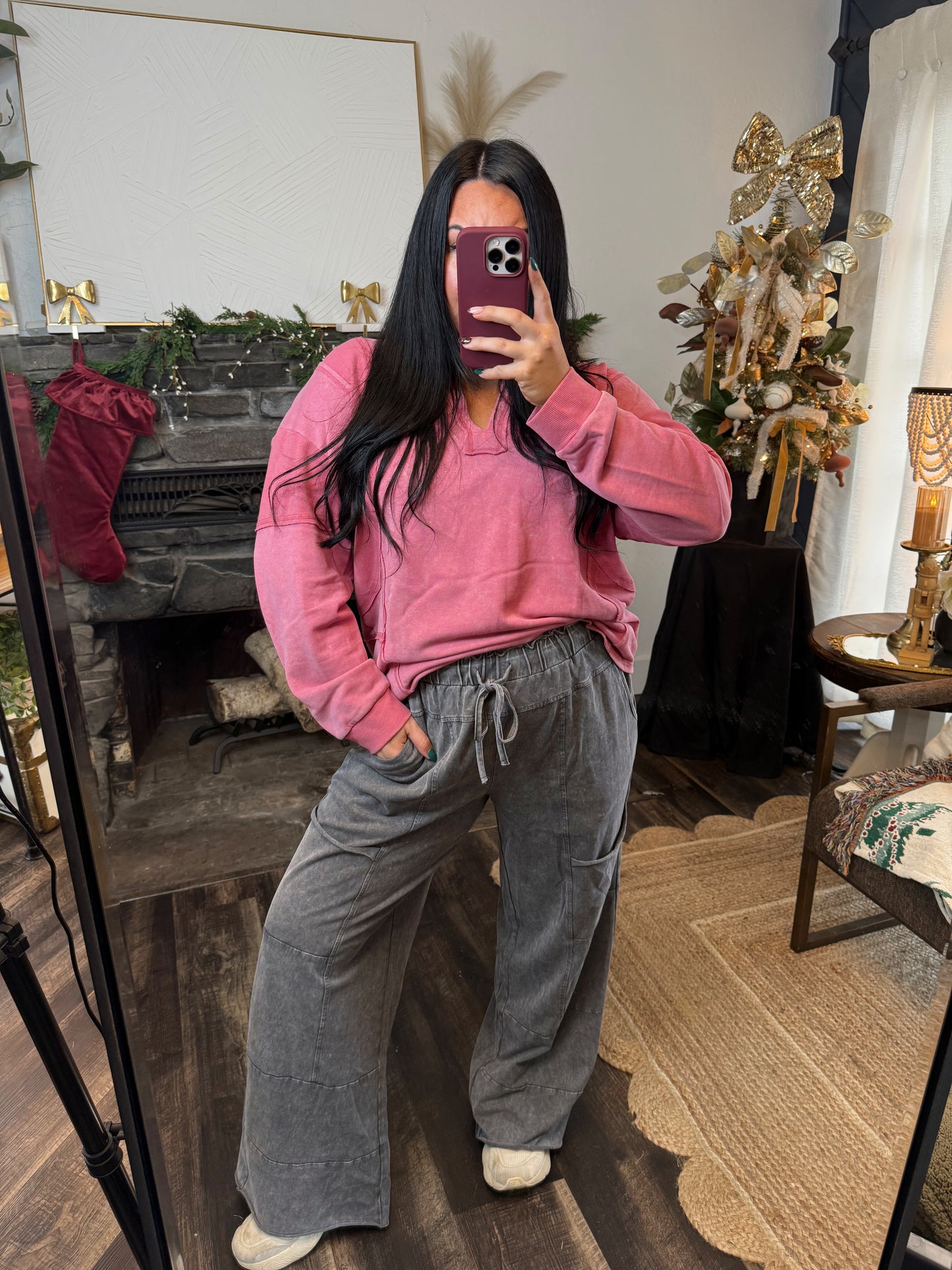 Mineral Wash High Waist Patched Pants