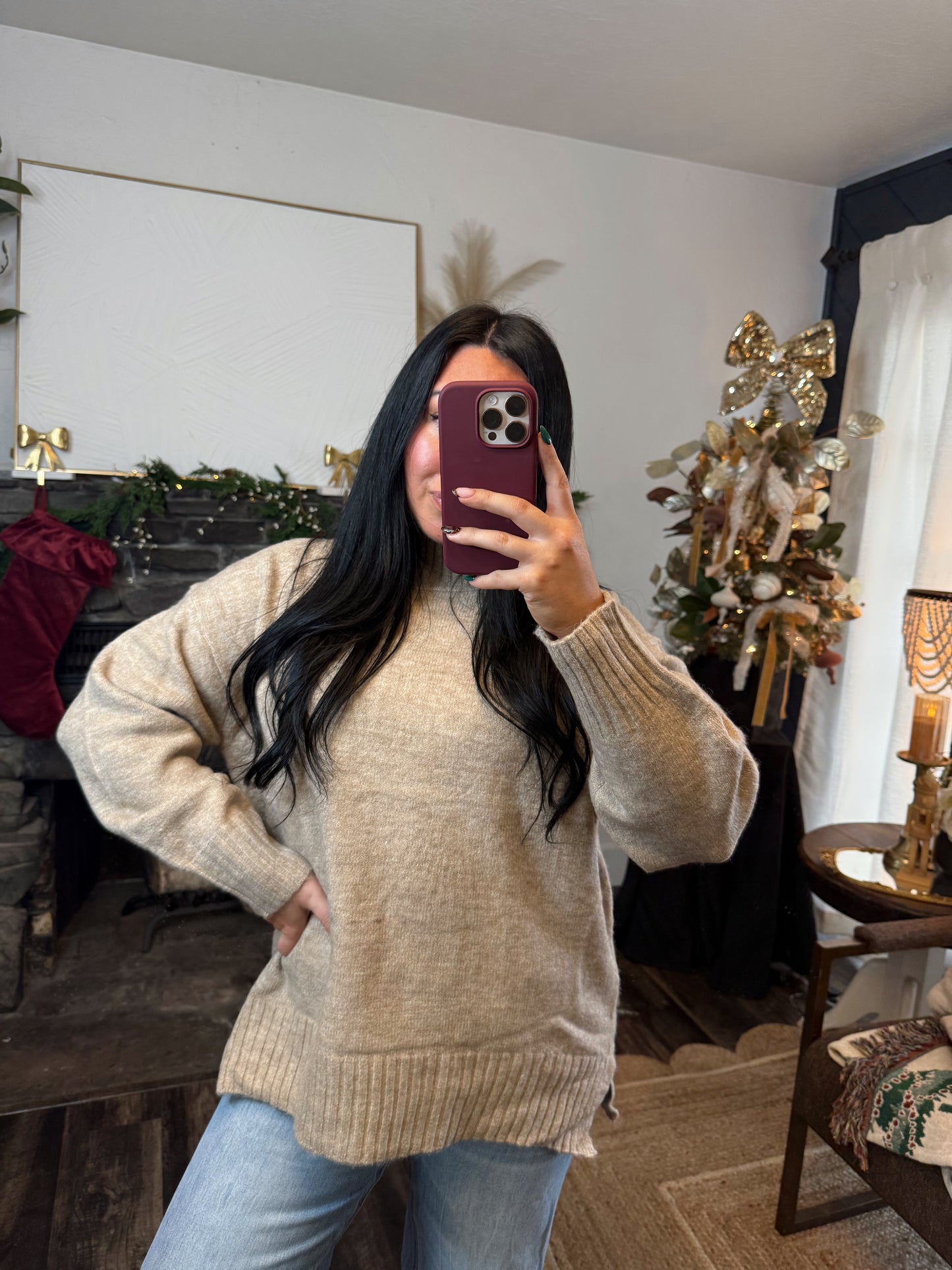 Ribbed Trim Mock Neck Sweater