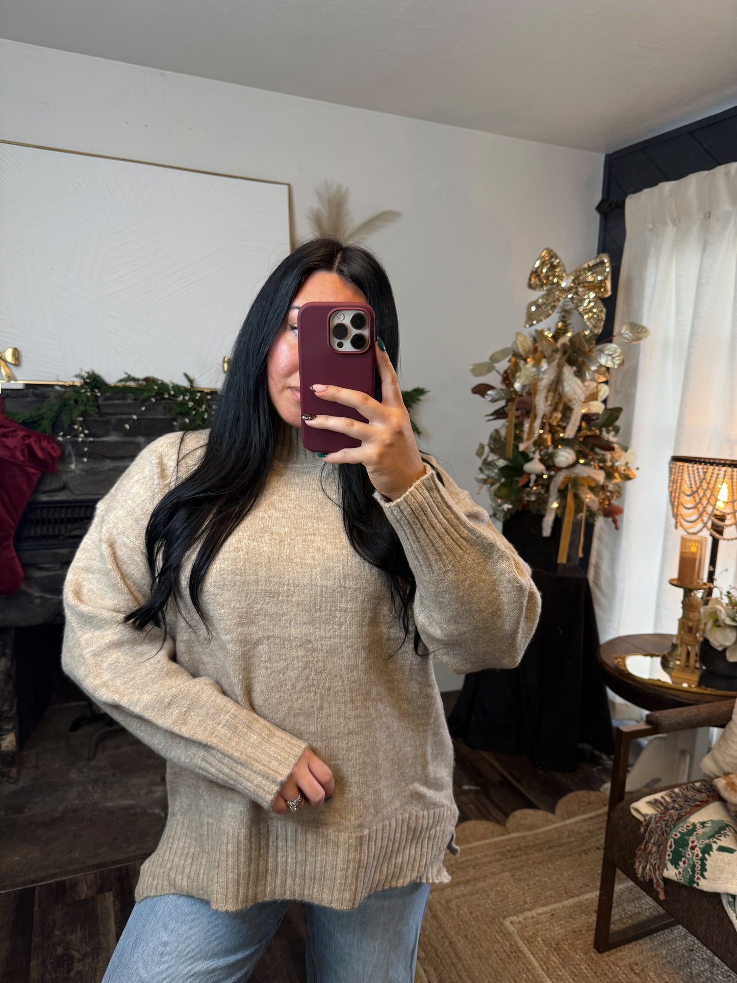 Ribbed Trim Mock Neck Sweater