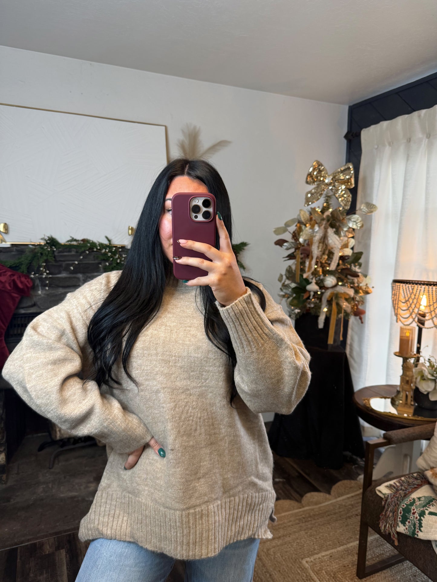 Ribbed Trim Mock Neck Sweater