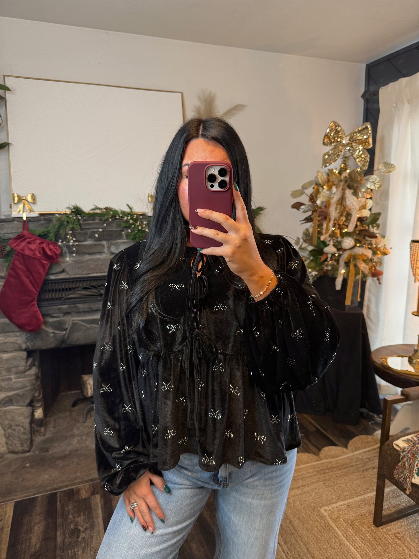 Ribbon Embellished Velvet Top