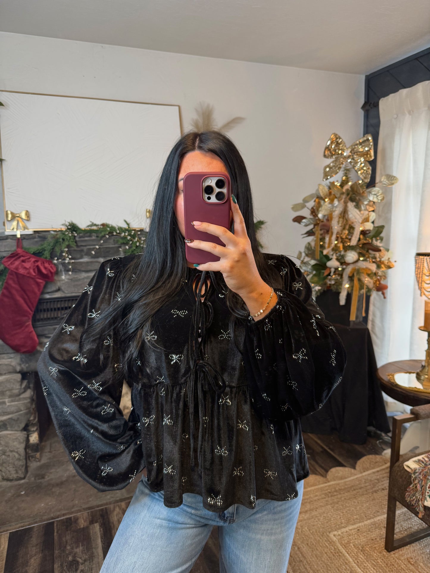 Ribbon Embellished Velvet Top