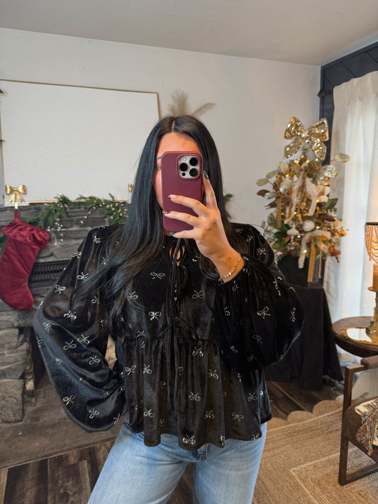 Ribbon Embellished Velvet Top