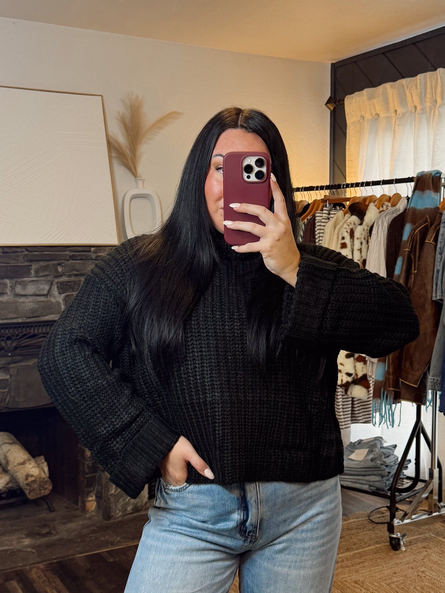 Black Turtle Neck Cable Knit Sweater