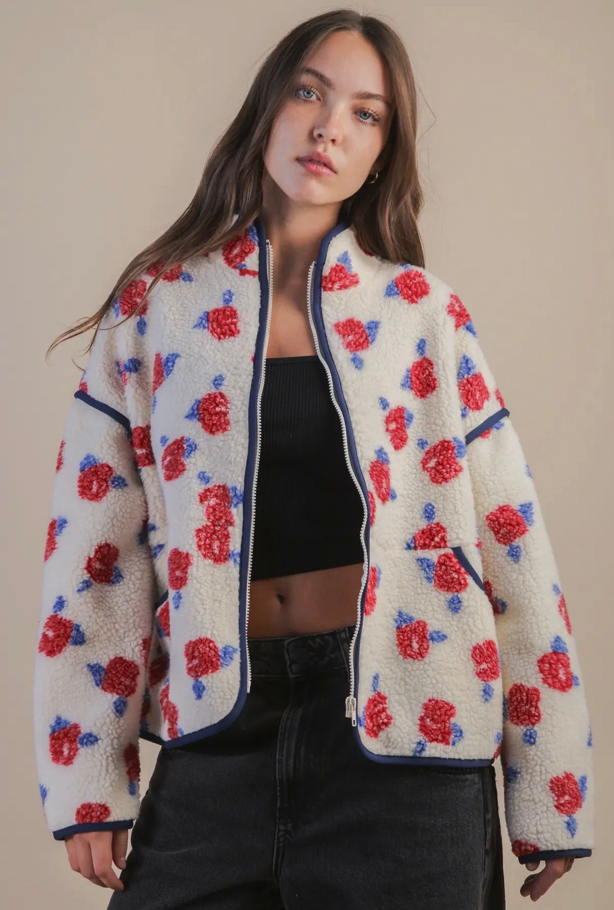 Oversized Floral Printed Sherpa Jacket