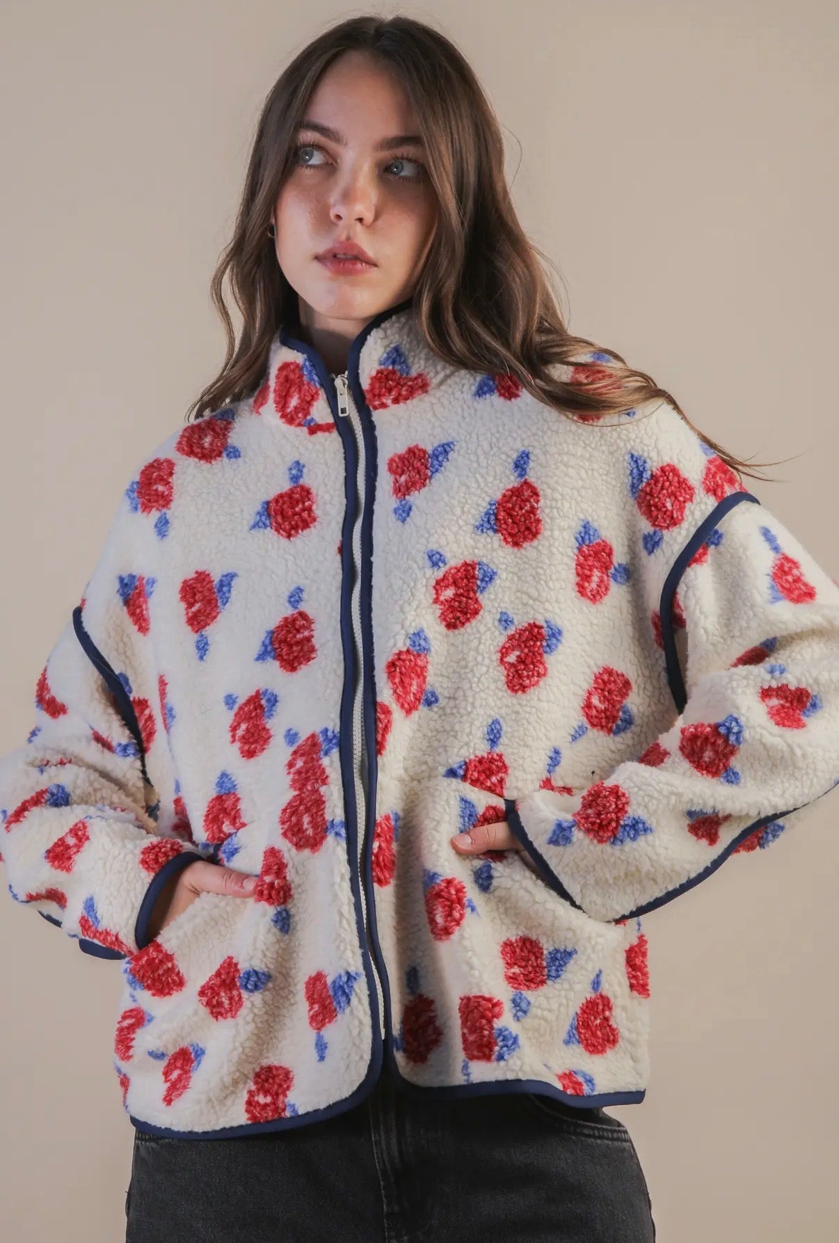 Oversized Floral Printed Sherpa Jacket