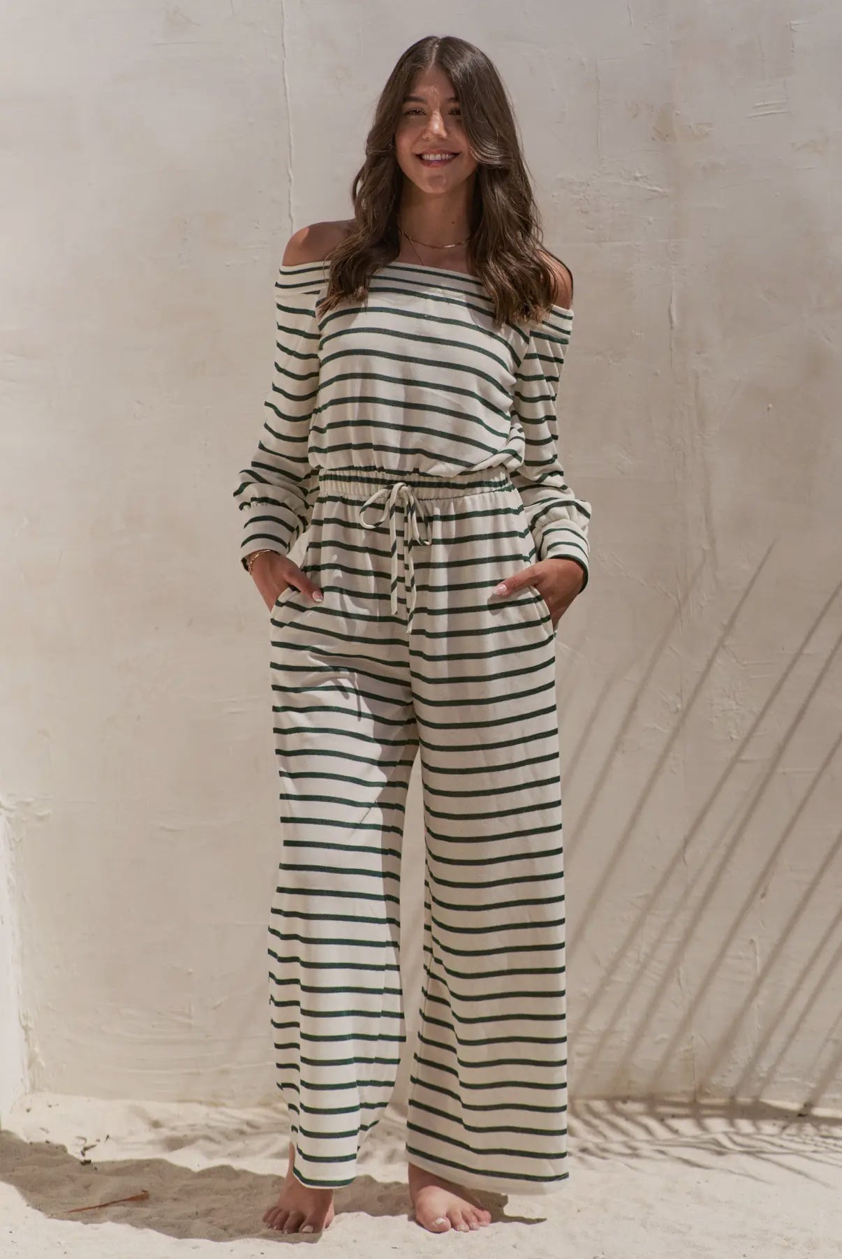 Off-Shoulder Striped Terry Jumpsuit