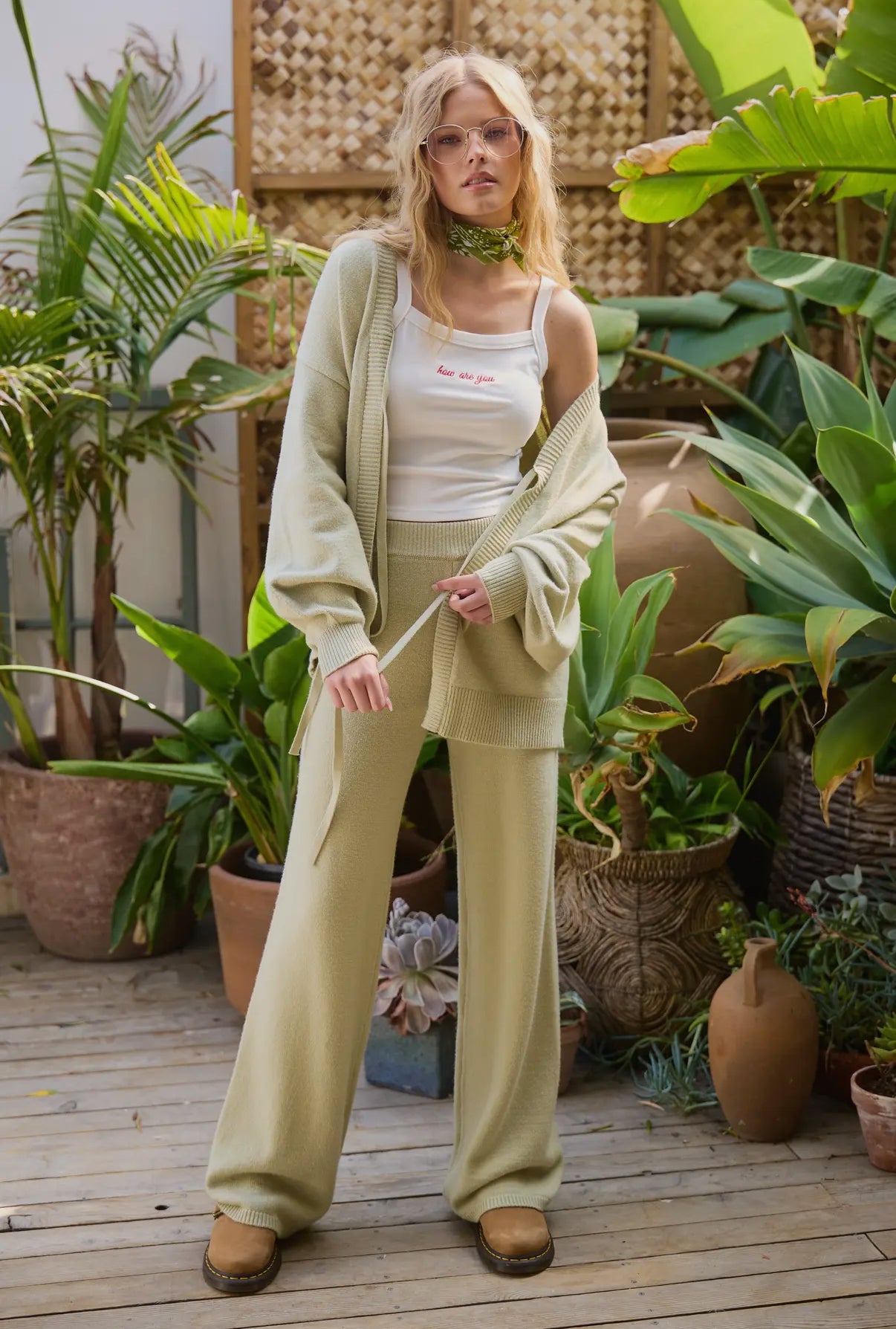 Sage Tie Knit Cardigan and Pants Matching Set