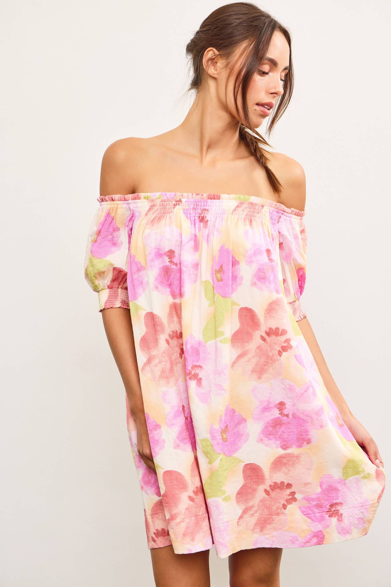 Abstract Bloom Off-Shoulder Smocked Floral Dress
