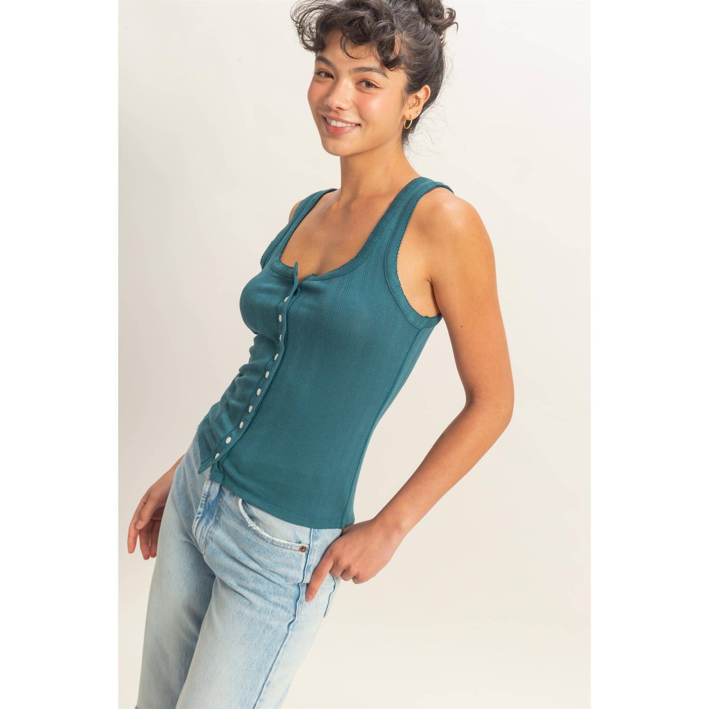 Pointelle Button Front Scoop Neck Tank Top