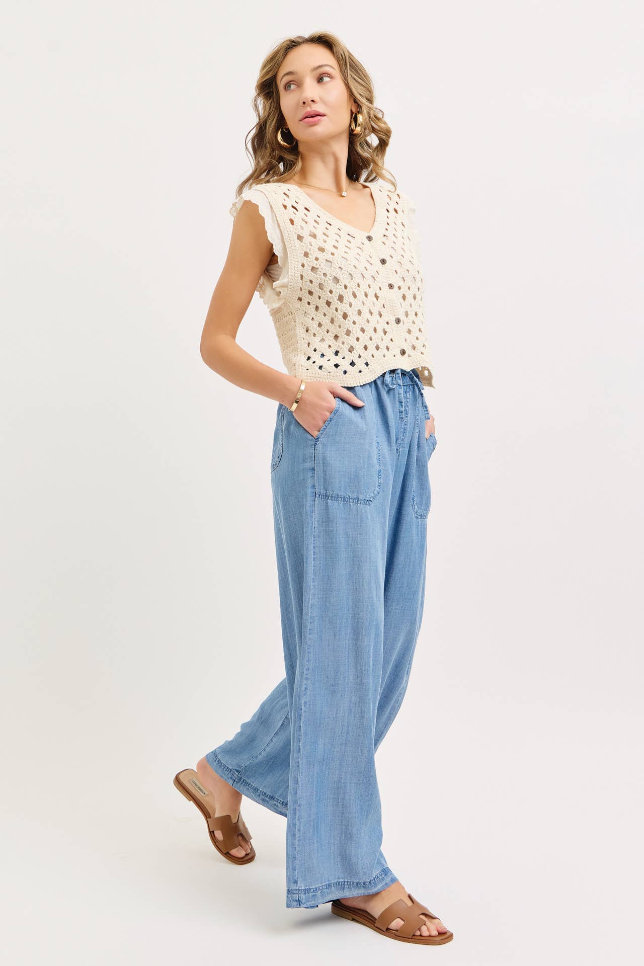 ELASTIC WAIST PULL ON WIDE-LEG  PALAZZO TENCEL CASUAL PANTS