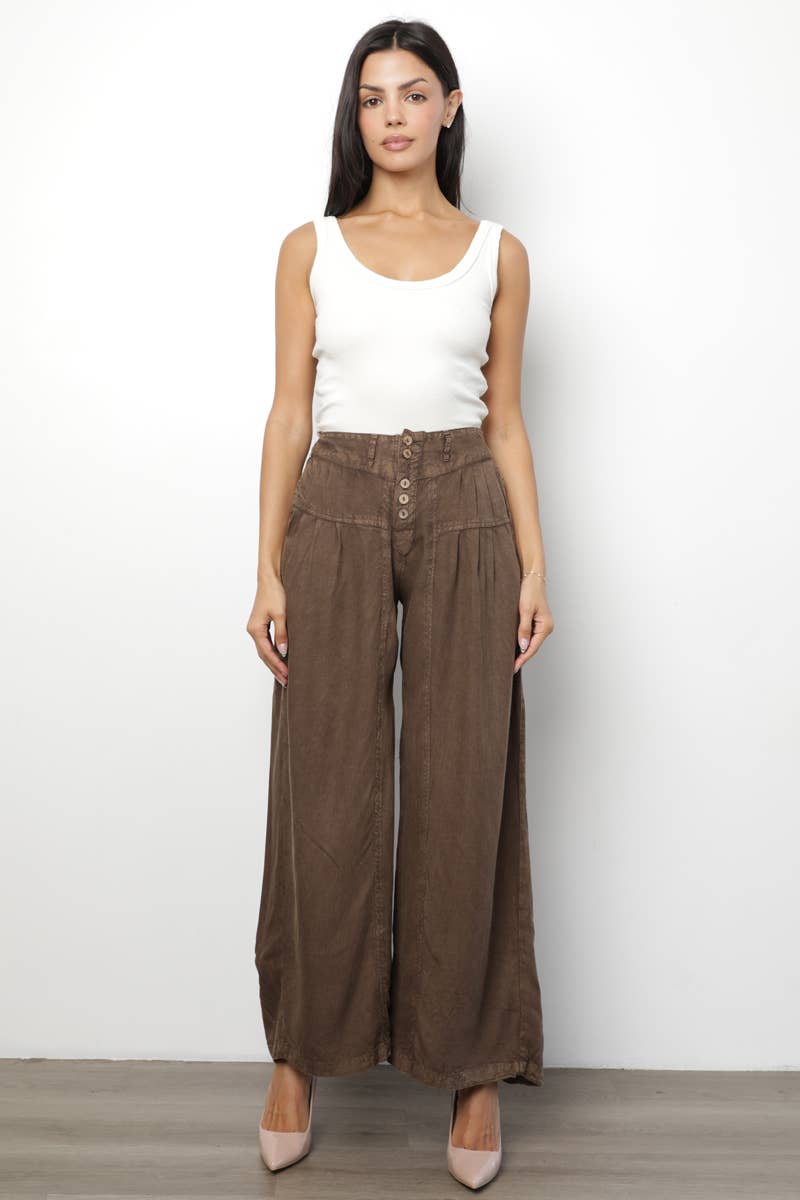 ACID WASH BUTTON FRONT WIDE LEG PANTS