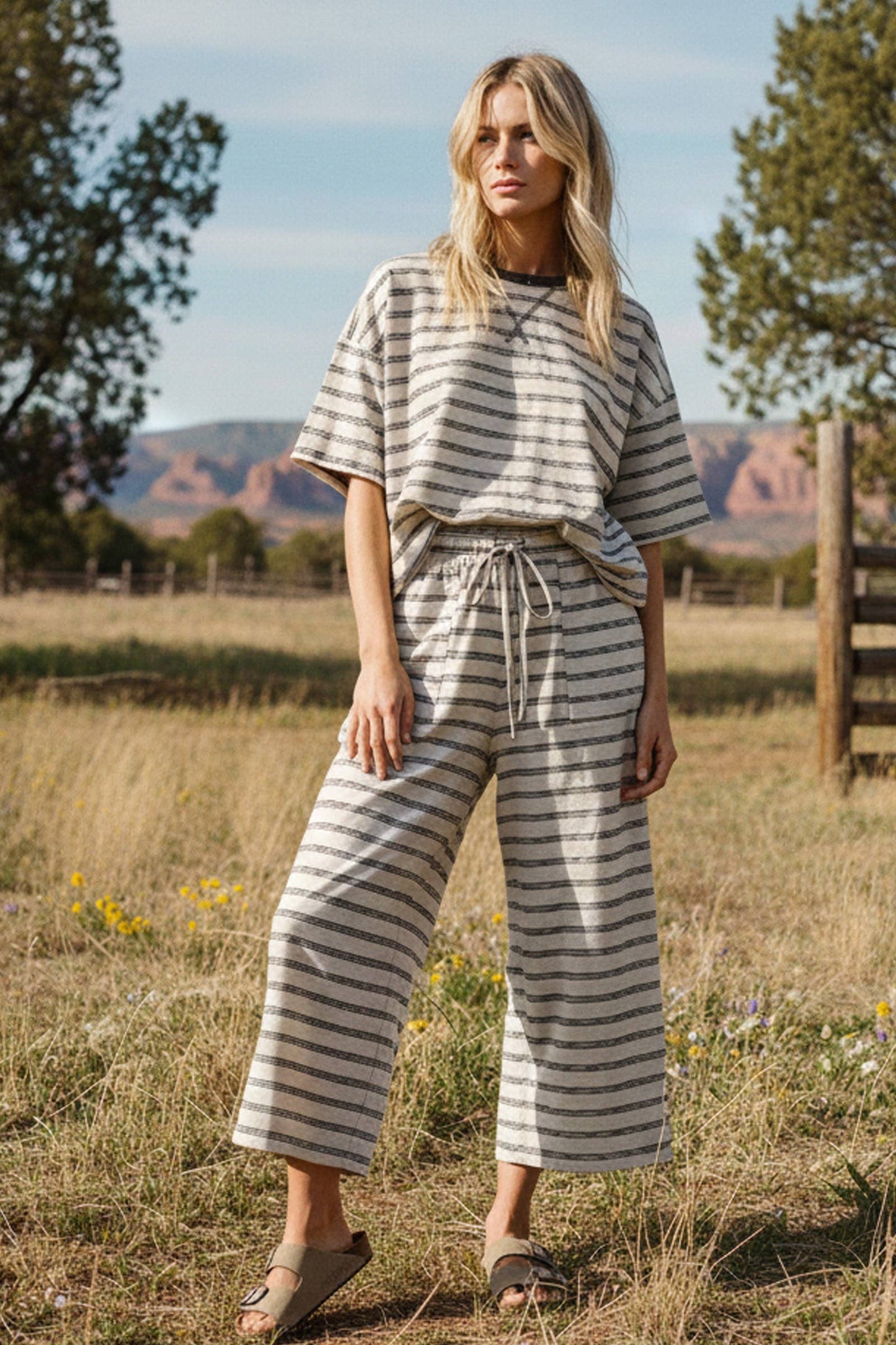 Striped Relaxed Fit Knit Top and Wide Leg Pant Set